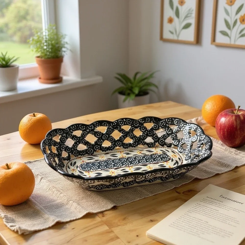 Temp-tations Old World Basket Bowl Black Lattice Ceramic Hand Painted Serving
